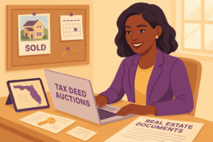 woman sitting at desk with laptop markings say tax deed auctions and real estate documents